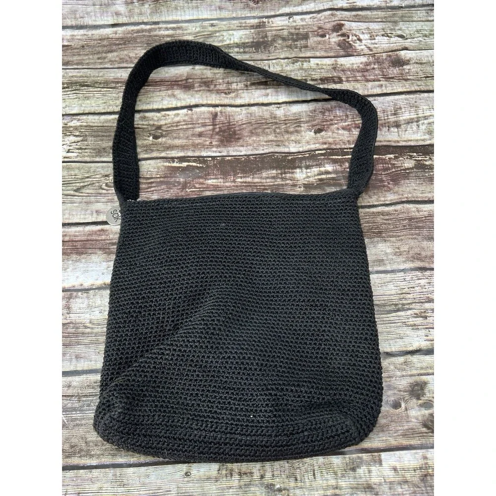The Sak Vintage Womens Shoulder Bag Black Nylon Crochet Zip Pocket